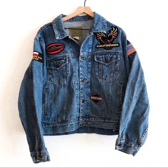 Harley-Davidson Jackets & Blazers - Vintage‎ Gap Denim Harley Davidson Patch Biker Jacket
